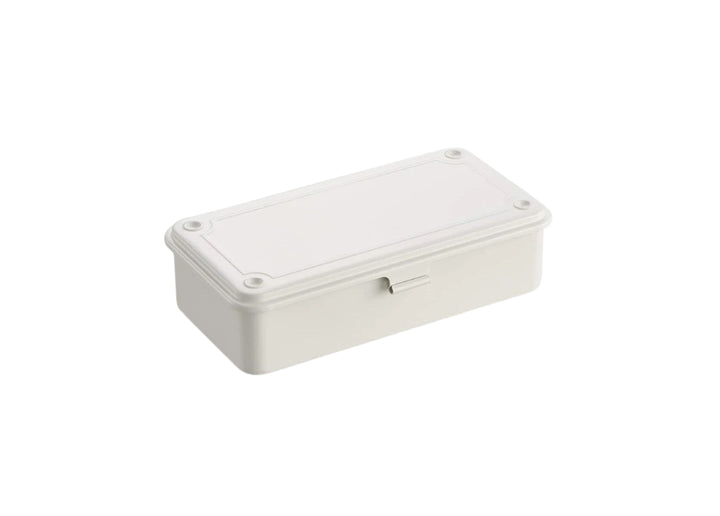 Toyo T-190 Steel Toolbox in White. A seamless, one-piece pressed steel Japanese storage box featuring an elevated lid with four stacking dimples and a secure front latch.