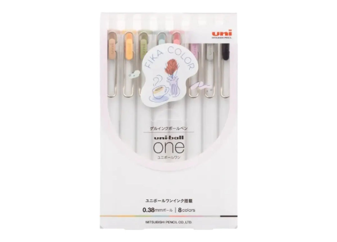 Official Japanese retail packaging for the limited edition Uni-ball One Fika 8-Color Gel Pen Set (UMN-S-38FC8C).