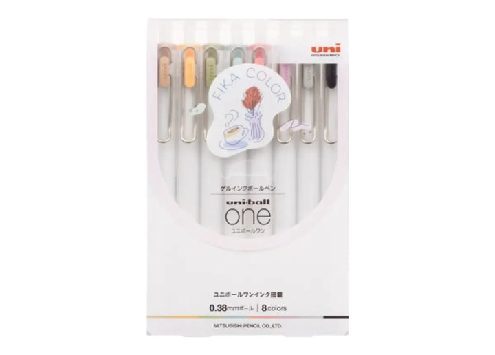 Official Japanese retail packaging for the limited edition Uni-ball One Fika 8-Color Gel Pen Set (UMN-S-38FC8C).