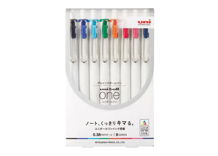 Uni-ball One 0.38mm Gel Pen 8-Color Set (UMN-S-388C) in official Japanese retail packaging.
