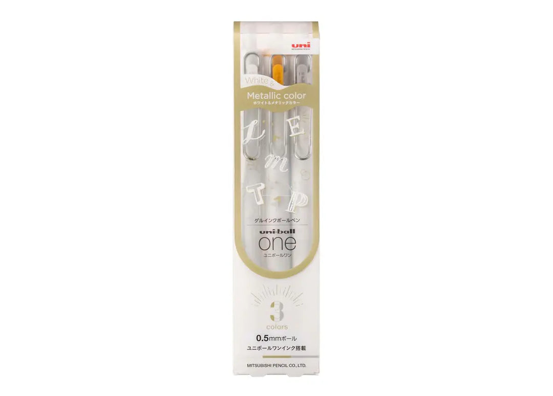 Official Japanese retail packaging for the Uni-ball One Metallic 3-Color Gel Pen Set (UMN-S series).