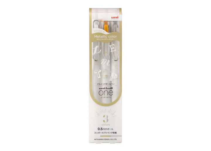 Official Japanese retail packaging for the Uni-ball One Metallic 3-Color Gel Pen Set (UMN-S series).