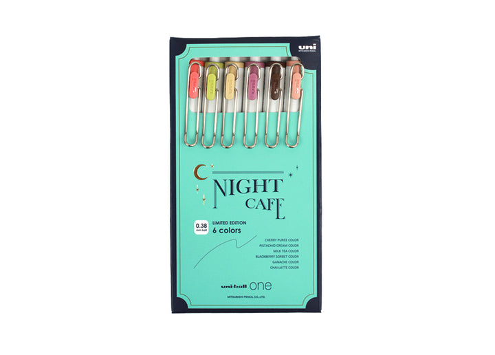 Uni-ball One Night Cafe 6-color limited edition gel pen set in original packaging.