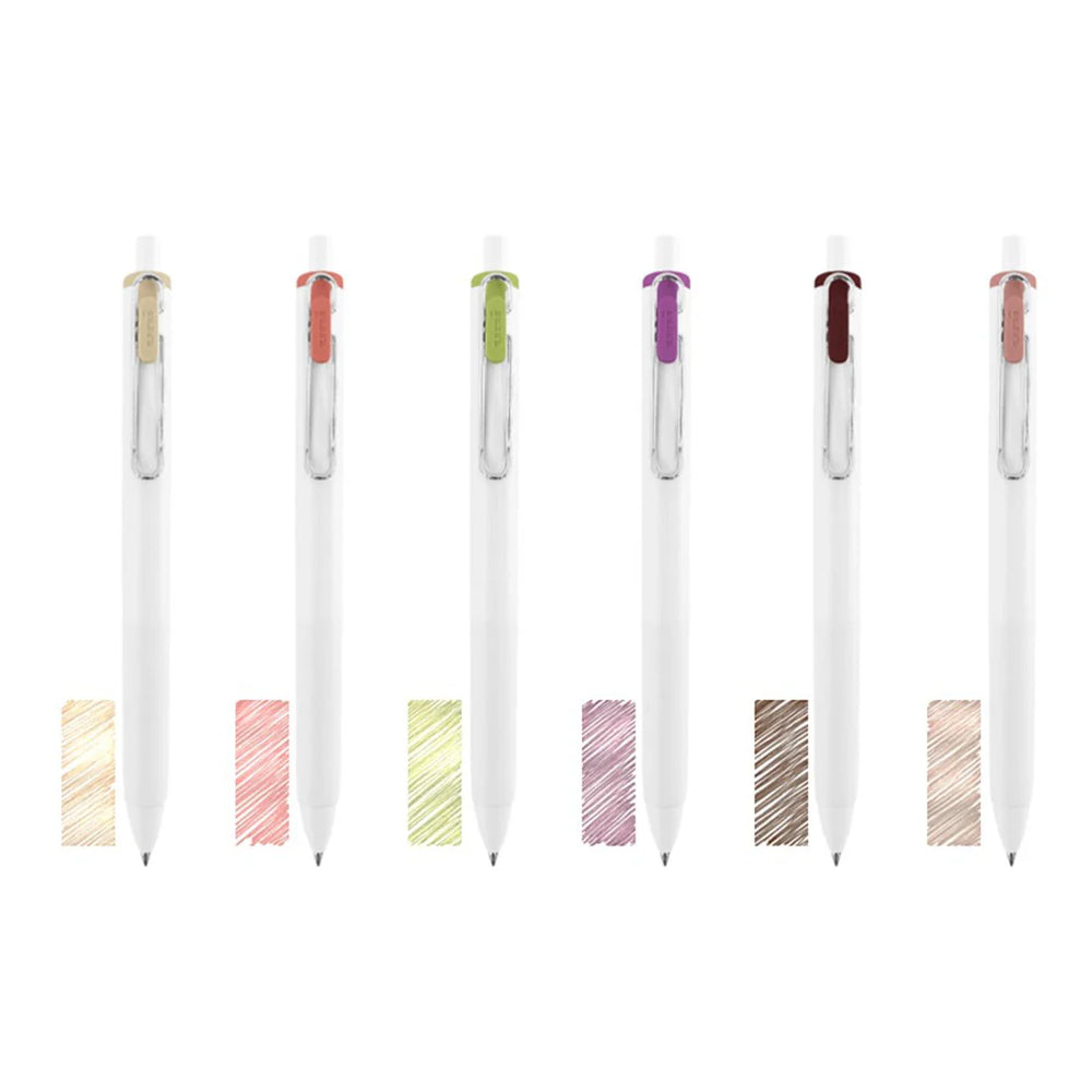 Uni-ball One Night Cafe 0.38mm gel pens and 6 dessert-inspired ink swatches.