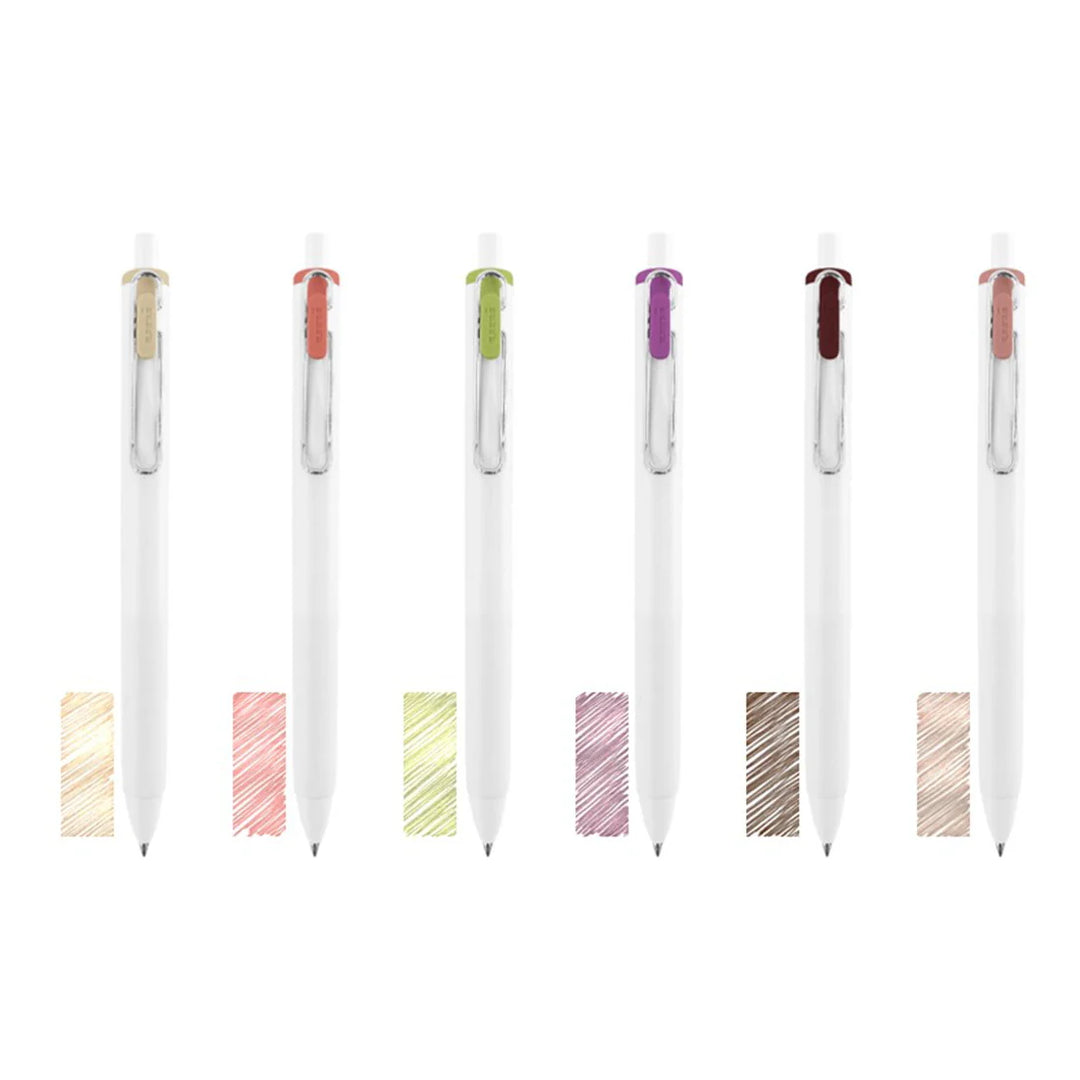 Uni-ball One Night Cafe 0.38mm gel pens and 6 dessert-inspired ink swatches.