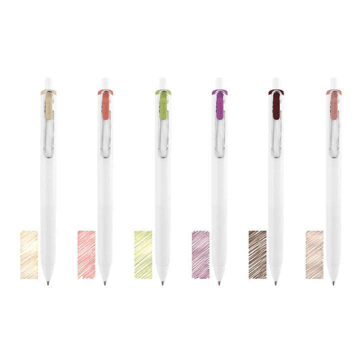 Uni-ball One Night Cafe 0.38mm gel pens and 6 dessert-inspired ink swatches.