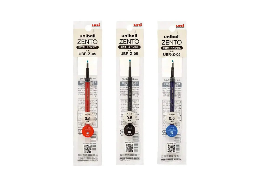 Three Uni-ball ZENTO UBR-Z-05 pen refills in original packaging, displaying the 0.5 mm tip size in red, black, and blue ink colours side-by-side.