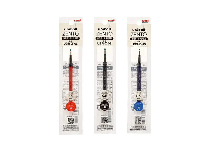 Three Uni-ball ZENTO UBR-Z-05 pen refills in original packaging, displaying the 0.5 mm tip size in red, black, and blue ink colours side-by-side.