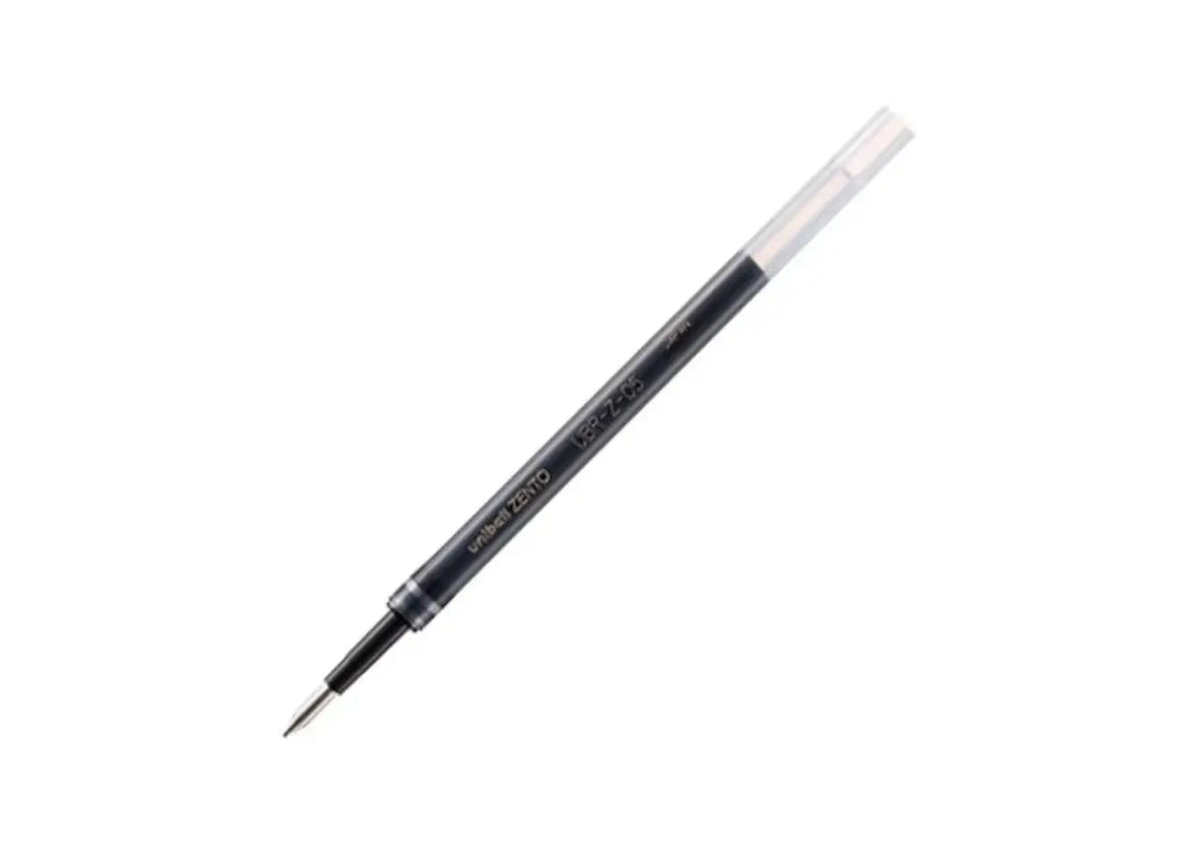 Unpackaged Uni-ball ZENTO UBR-Z-05 pen refill showing the black ink barrel, protective tip cover, and 0.5 mm writing point.