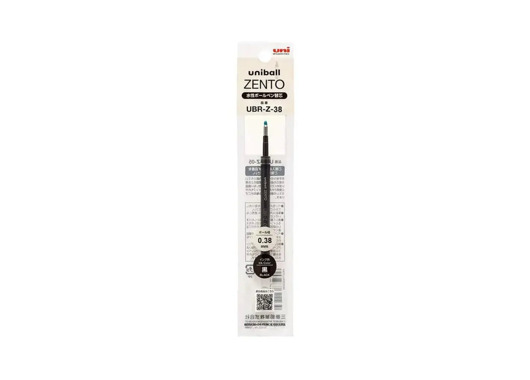 Uni-ball ZENTO UBR-Z-38 pen refill in original Japanese retail packaging, featuring an extra-fine 0.38 mm tip and black ink.