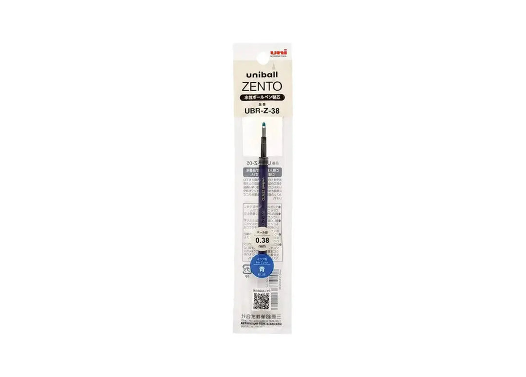 Uni-ball ZENTO UBR-Z-38 pen refill in original Japanese retail packaging, featuring an extra-fine 0.38 mm tip and blue ink.