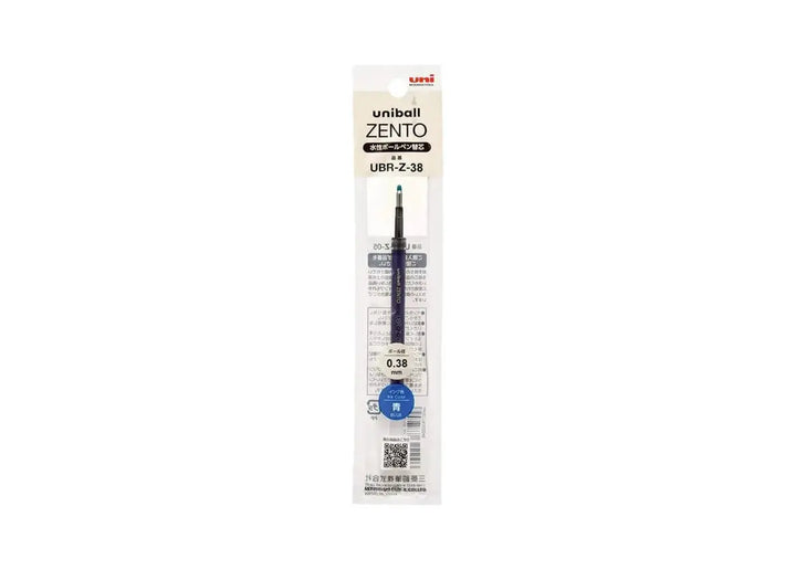 Uni-ball ZENTO UBR-Z-38 pen refill in original Japanese retail packaging, featuring an extra-fine 0.38 mm tip and blue ink.