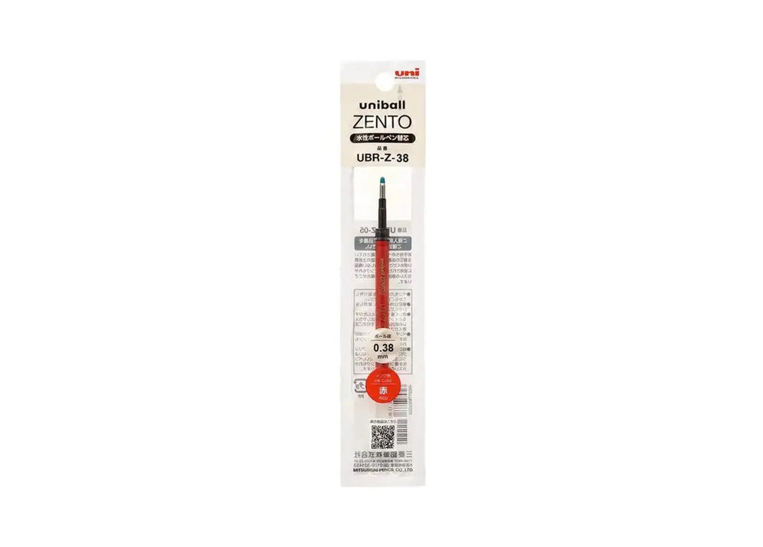 Uni-ball ZENTO UBR-Z-38 pen refill in original Japanese retail packaging, featuring an extra-fine 0.38 mm tip and red ink.