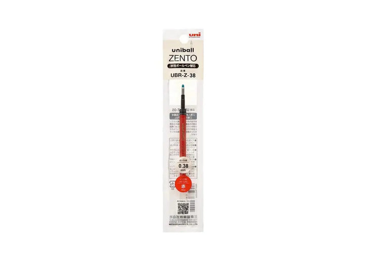 Uni-ball ZENTO UBR-Z-38 pen refill in original Japanese retail packaging, featuring an extra-fine 0.38 mm tip and red ink.