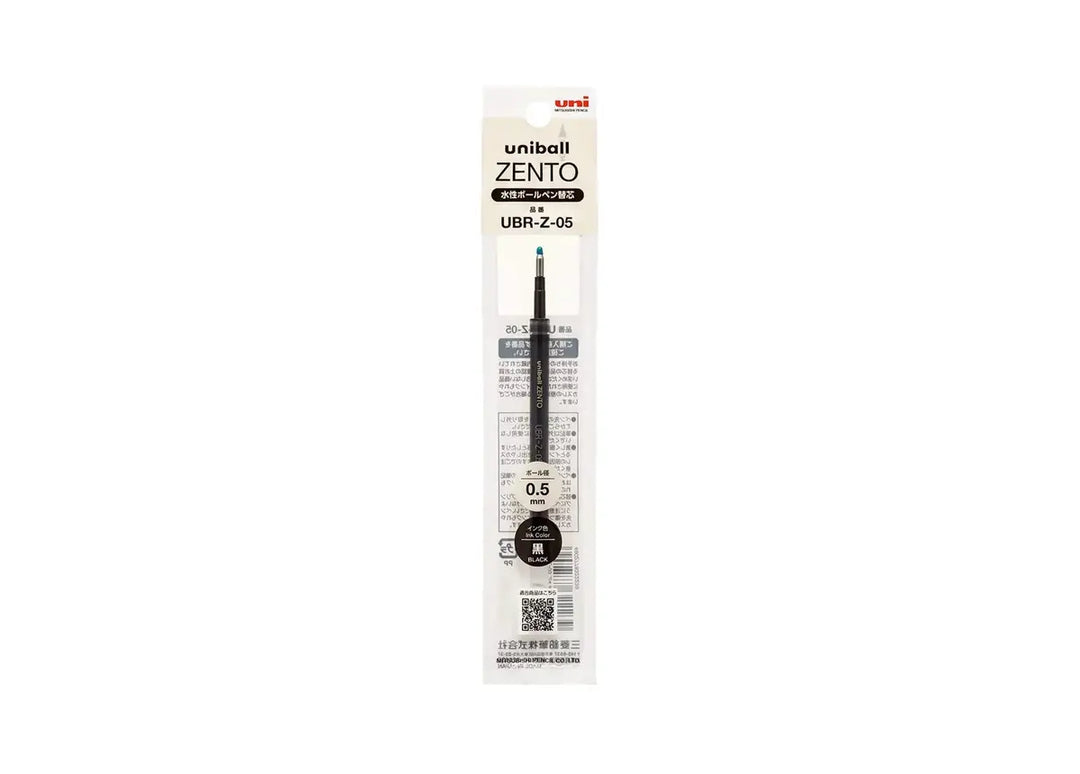 Uni-ball ZENTO UBR-Z-05 pen refill in original Japanese retail packaging, featuring a 0.5 mm tip and black ink.