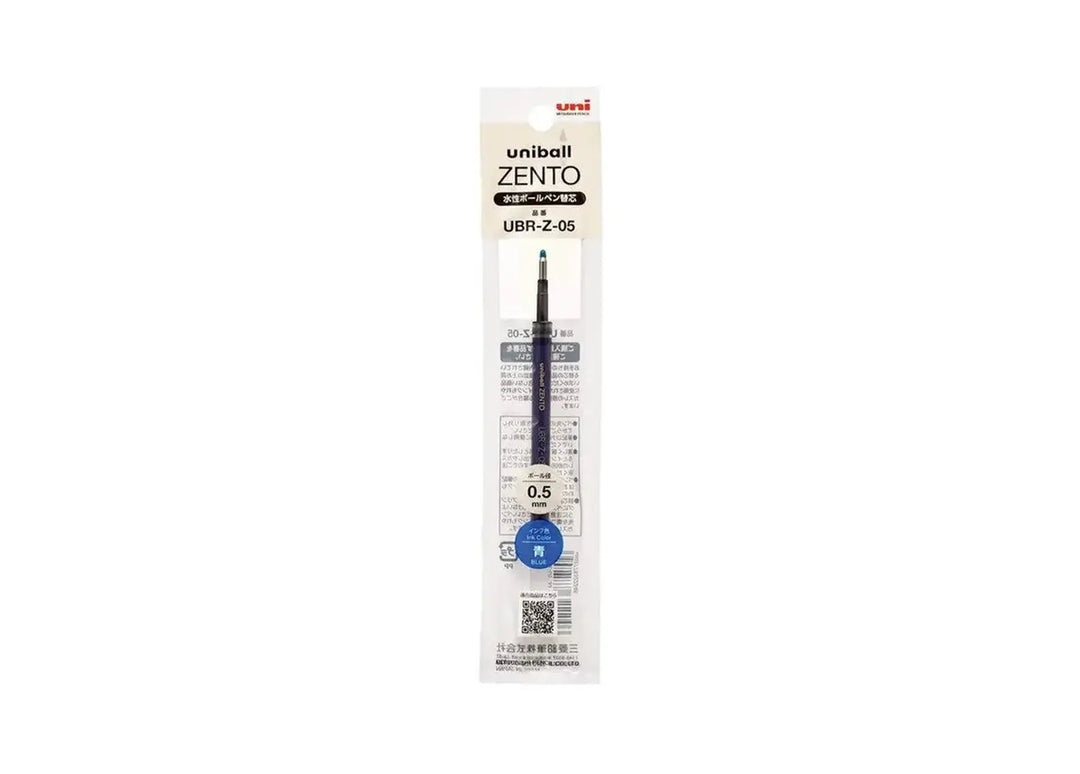Uni-ball ZENTO UBR-Z-05 pen refill in original Japanese retail packaging, featuring a 0.5 mm tip and blue ink.