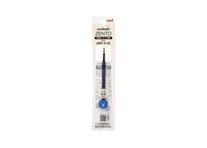 Uni-ball ZENTO UBR-Z-05 pen refill in original Japanese retail packaging, featuring a 0.5 mm tip and blue ink.