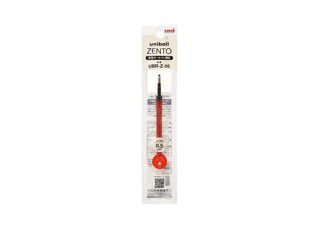 Uni-ball ZENTO UBR-Z-05 pen refill in original Japanese retail packaging, featuring a 0.5 mm tip and red ink.