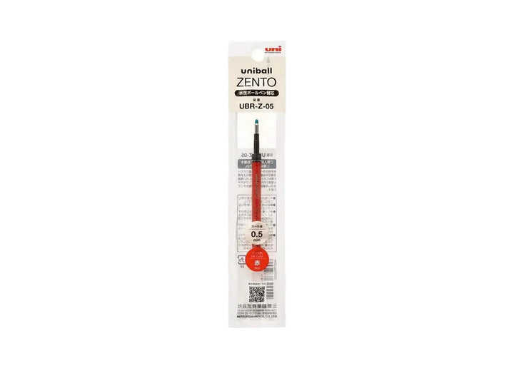 Uni-ball ZENTO UBR-Z-05 pen refill in original Japanese retail packaging, featuring a 0.5 mm tip and red ink.