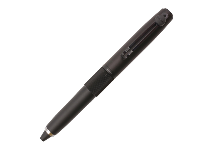Uni-ball ZENTO Signature 3-Colour rotary ballpoint pen 0.5 mm Black, full-length diagonal view with cap posted on white background.