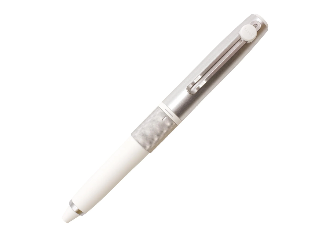Uni-ball ZENTO Signature 3-Colour rotary ballpoint pen 0.38 mm Silver, full-length diagonal view with cap posted on white background.