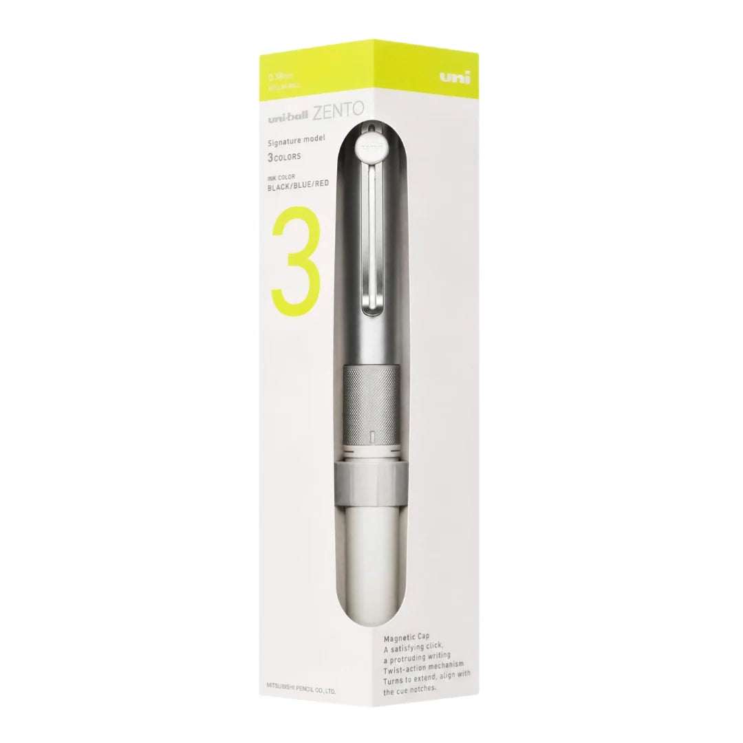 Official retail box packaging for the Uni-ball ZENTO Signature 3-Colour ballpoint pen 0.38 mm Silver by Mitsubishi Pencil.