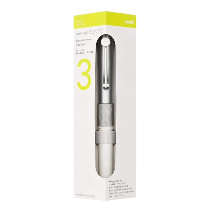 Official retail box packaging for the Uni-ball ZENTO Signature 3-Colour ballpoint pen 0.38 mm Silver by Mitsubishi Pencil.