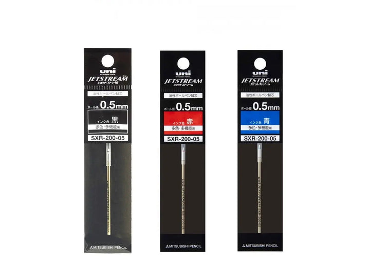 Uni Jetstream SXR-200 D1 Ballpoint Pen Refills, displaying black, red, and blue ink variants in original Japanese retail packaging.