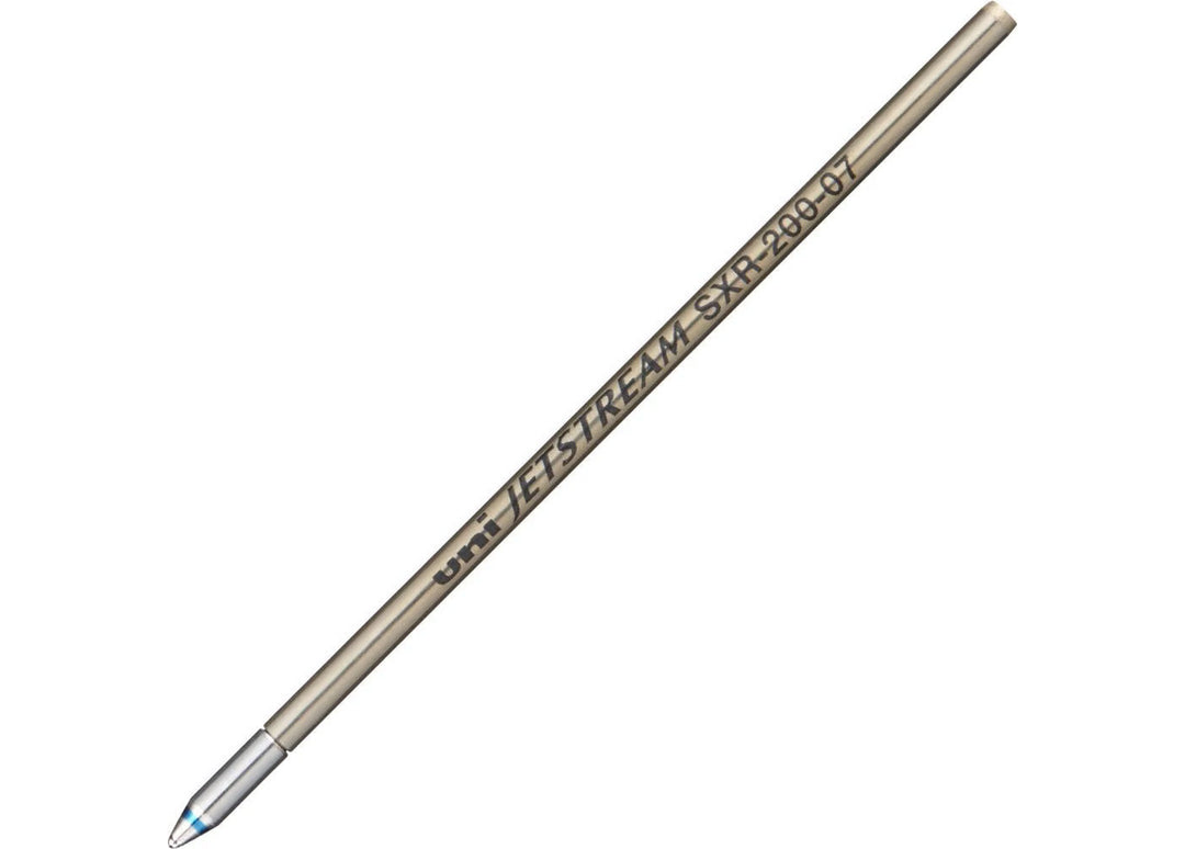 Close-up of a single metal Uni Jetstream SXR-200 D1 ballpoint pen refill, featuring engraved branding, a 0.7mm precision tip, and a blue indicator band signifying blue hybrid ink.