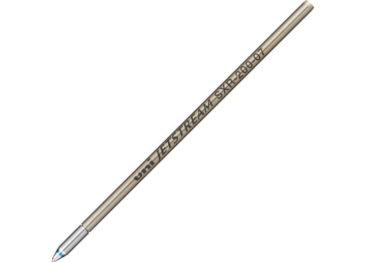 Close-up of a single metal Uni Jetstream SXR-200 D1 ballpoint pen refill, featuring engraved branding, a 0.7mm precision tip, and a blue indicator band signifying blue hybrid ink.