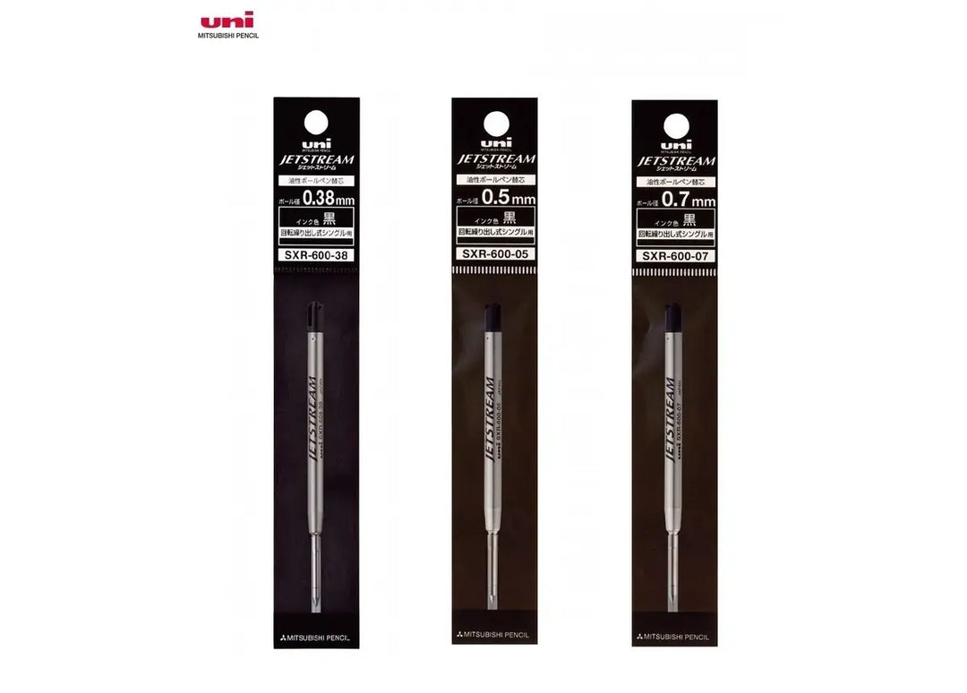 Uni Jetstream SXR-600 G2 ballpoint pen refills displaying 0.38mm, 0.5mm, and 0.7mm tip sizes with black hybrid ink in original Japanese retail packaging.