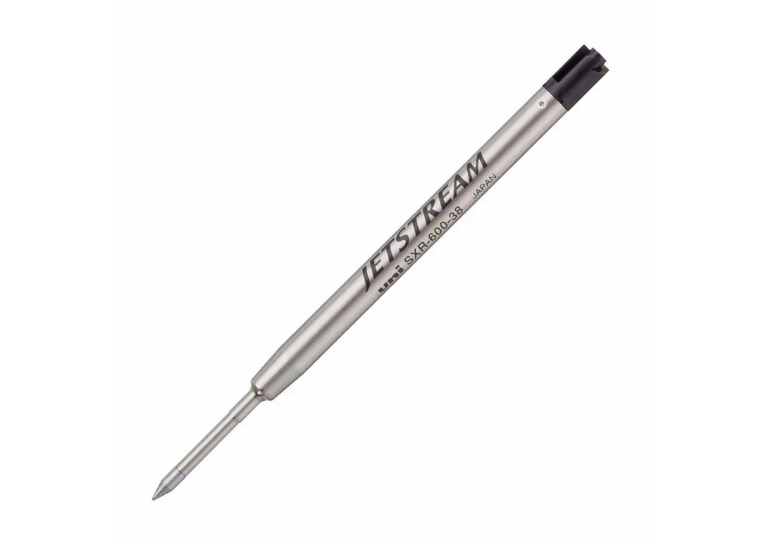 Close-up of a single metal Uni Jetstream SXR-600 G2 ballpoint pen refill showing the precision writing tip, engraved branding, and standard black ink end cap.