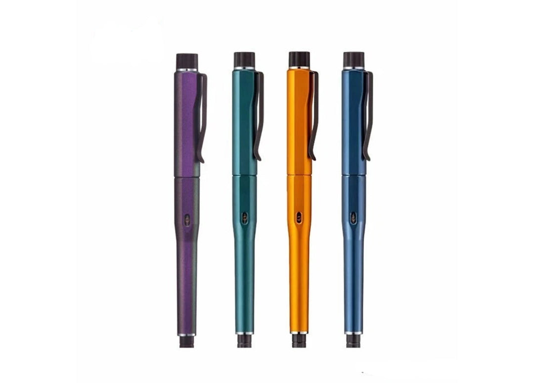 The complete collection of Uni Kuru Toga DIVE 0.5mm mechanical pencils standing vertically side-by-side on a white background, featuring the capped Aurora Purple, Dense Green, Twilight Orange, and Abyss Blue models.
