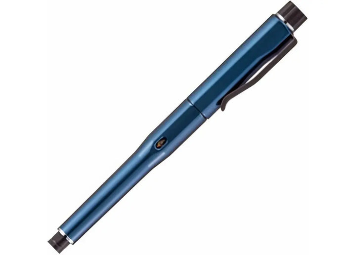 A single Uni Kuru Toga DIVE M5-5000 mechanical pencil in Abyss Blue, shown fully capped to display the magnetic cap, black metal clip, and sophisticated coated barrel.