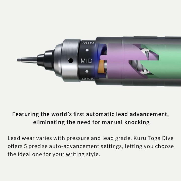 Close-up technical render of the Uni Kuru Toga DIVE internal mechanism, highlighting the 5-level adjustment dial used to precisely control the automatic lead advancement.