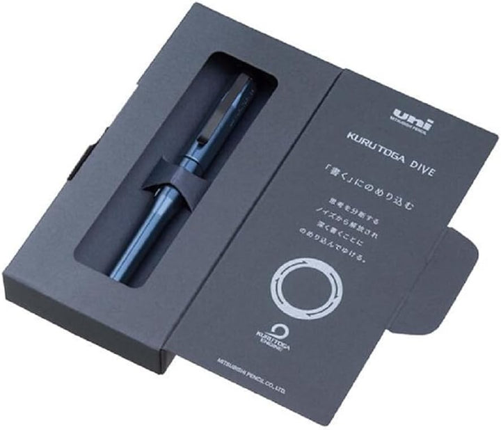 The Uni Kuru Toga DIVE M5-5000 mechanical pencil in Abyss Blue, displayed inside its official premium grey retail packaging featuring the Kuru Toga Engine logo and Japanese text.