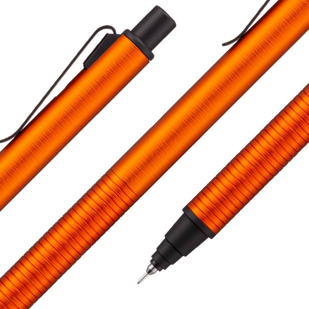 High-resolution macro detail shots of the Uni Kuru Toga Metal in Sunrise Orange, emphasizing the precision-etched Mild Edge Grip texture, the stealthy black pocket clip, and the advanced Nib Damper tip assembly.