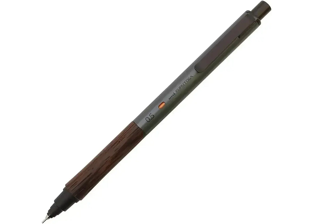 Uni Kuru Toga Wood 0.5mm mechanical pencil in Steel Gray, showcasing the blast-finished aluminum body and ergonomic Wenge wood grip.