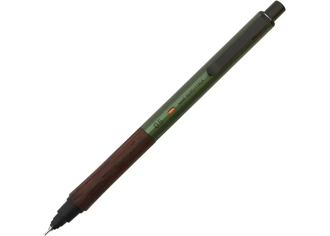 Uni Kuru Toga Wood 0.5mm mechanical pencil in Forest Green, featuring the KS Engine auto-rotation mechanism and Wenge wood grip.