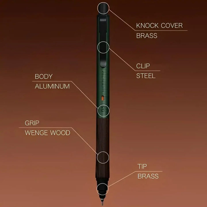 Technical breakdown of the Uni Kuru Toga Wood mechanical pencil highlighting the aluminum body, Wenge wood grip, steel clip, and brass tip components.