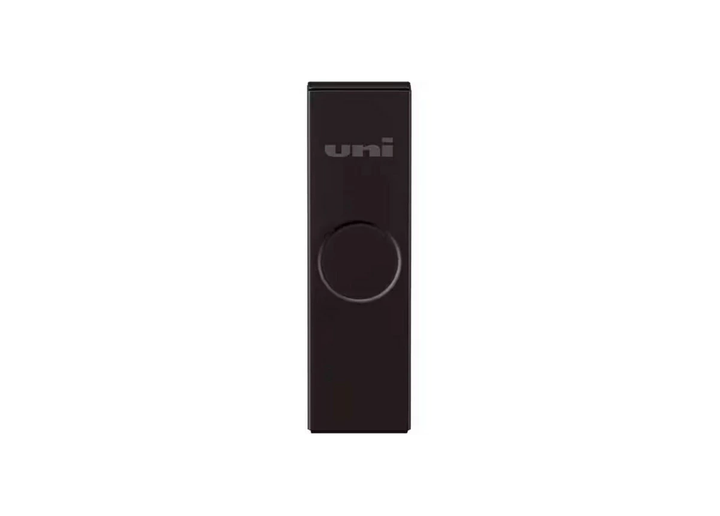 Front-facing studio portrait of the Uni Metal Lead Case Limited Edition Matte Black, showcasing the signature circular thumb-indentation for the slide mechanism and the subtle embossed Uni logo on the high-rigidity metal chassis.