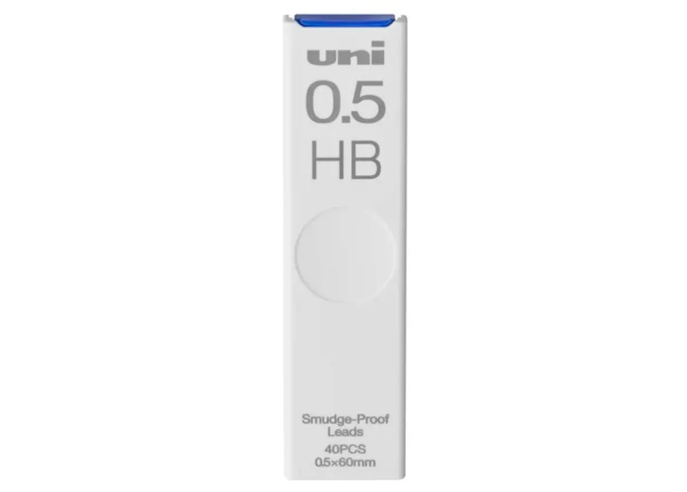 uni Smudge-Proof Mechanical Pencil Lead Refill, 0.5mm HB in white case with blue slider.