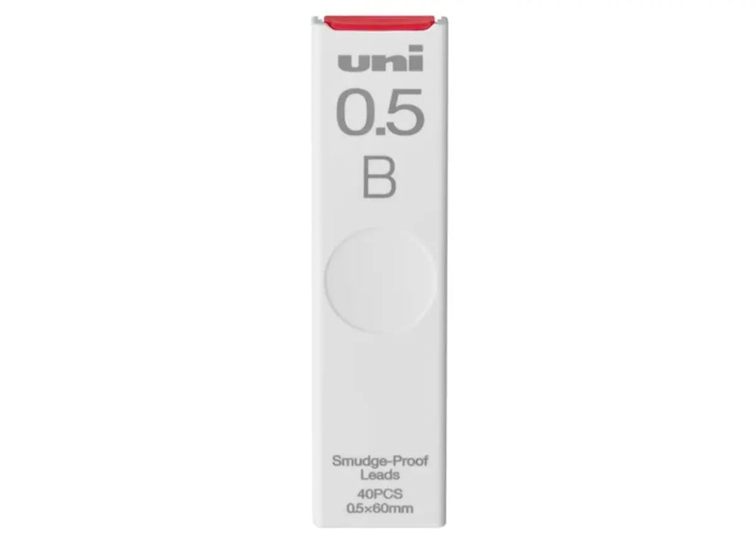 uni Smudge-Proof Mechanical Pencil Lead Refill, 0.5mm B in white case with red slider.