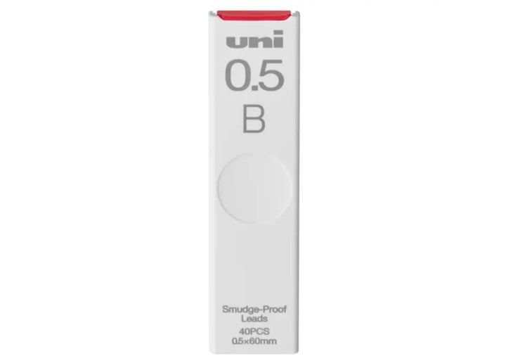 uni Smudge-Proof Mechanical Pencil Lead Refill, 0.5mm B in white case with red slider.