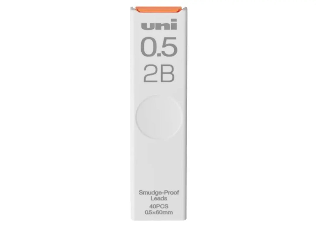 uni Smudge-Proof Mechanical Pencil Lead Refill, 0.5mm 2B in white case with orange slider.