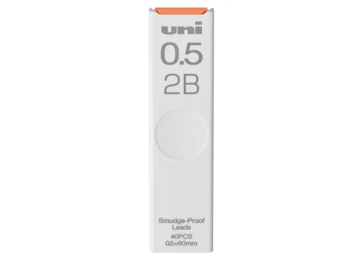 uni Smudge-Proof Mechanical Pencil Lead Refill, 0.5mm 2B in white case with orange slider.