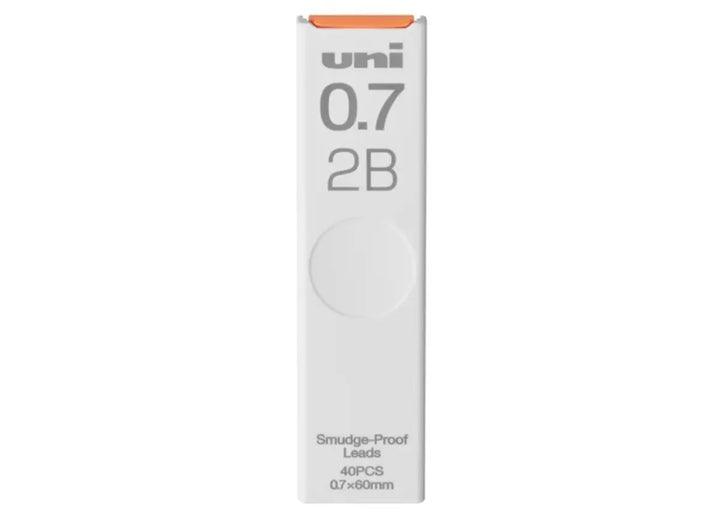 uni Smudge-Proof Mechanical Pencil Lead Refill, 0.7mm 2B in white case with orange slider.