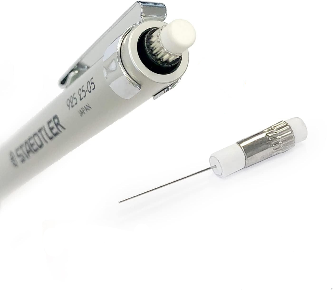 Macro shot of Staedtler 925 25 diamond-cut knurled grip and adjustable lead hardness indicator. High-rigidity aluminum construction for non-slip control.