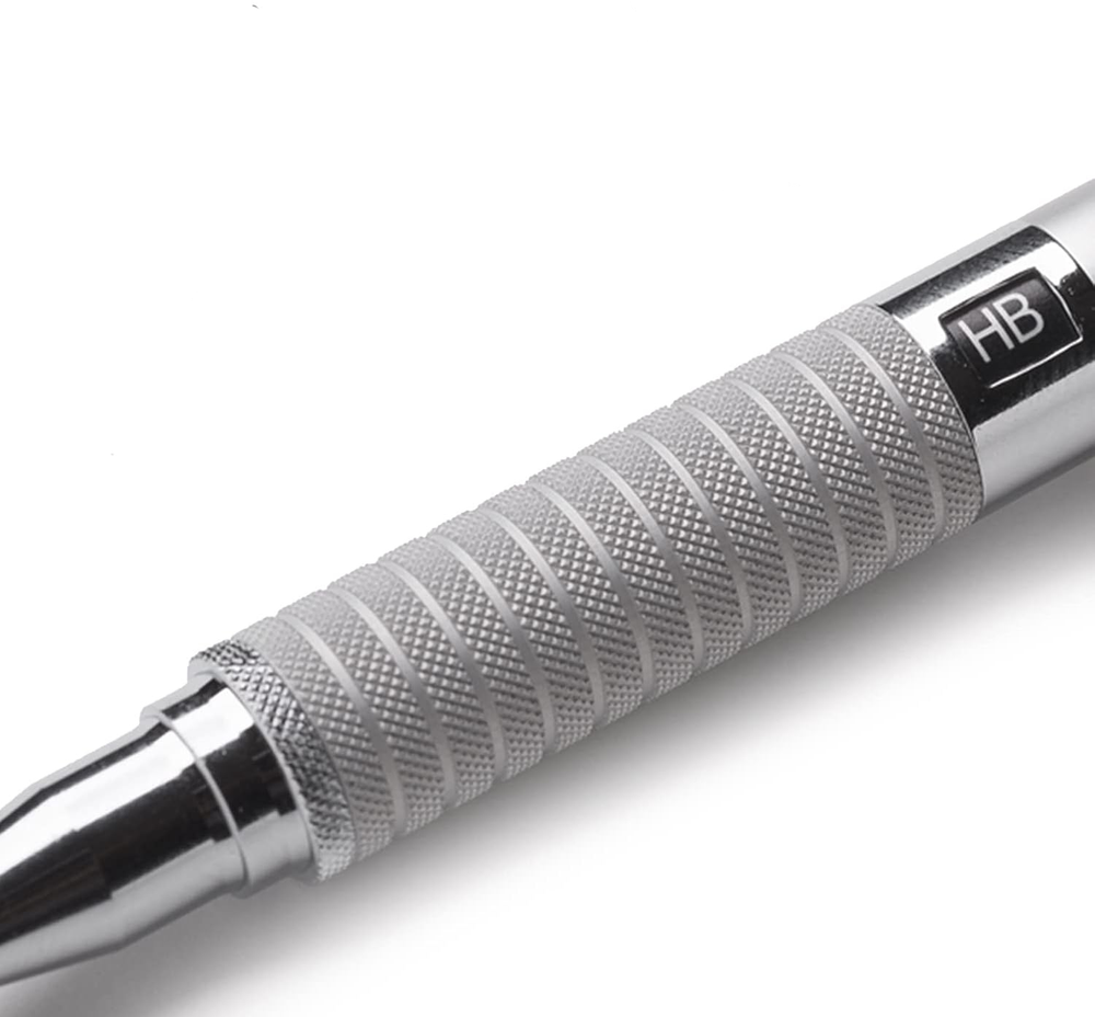 Macro shot of Staedtler 925 25 diamond-cut knurled grip and adjustable lead hardness indicator. High-rigidity aluminum construction for non-slip control.