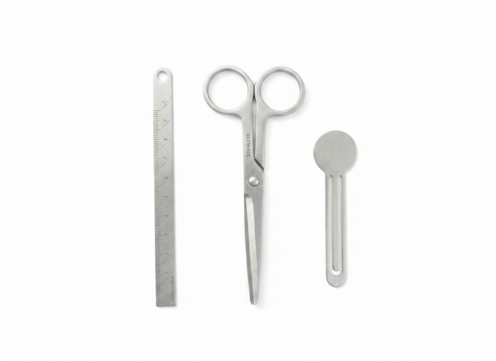 A flat lay product photo of the V-ROAD Ultra-Thin Recycled Stainless Steel Stationery Set arranged on a clean white background. The set features three minimalist tools with a matte brushed finish: a thin ruler on the left, scissors with round handles in the center, and a bookmark clip on the right.